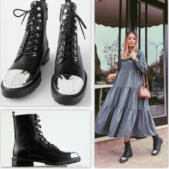 Zara Shoes - Zara Metallic Toe Leather Ankle Boots w Pearls NWT